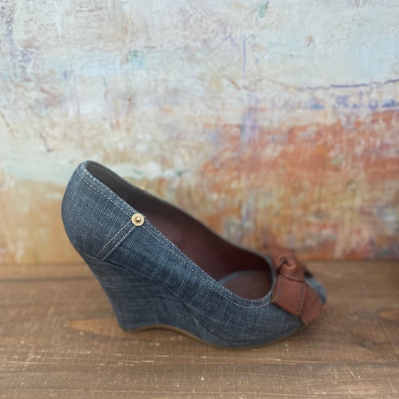 MIU MIU Peep Toe Blue Denim Wedge Heels w/Leather Bow - Picture 11 of 13